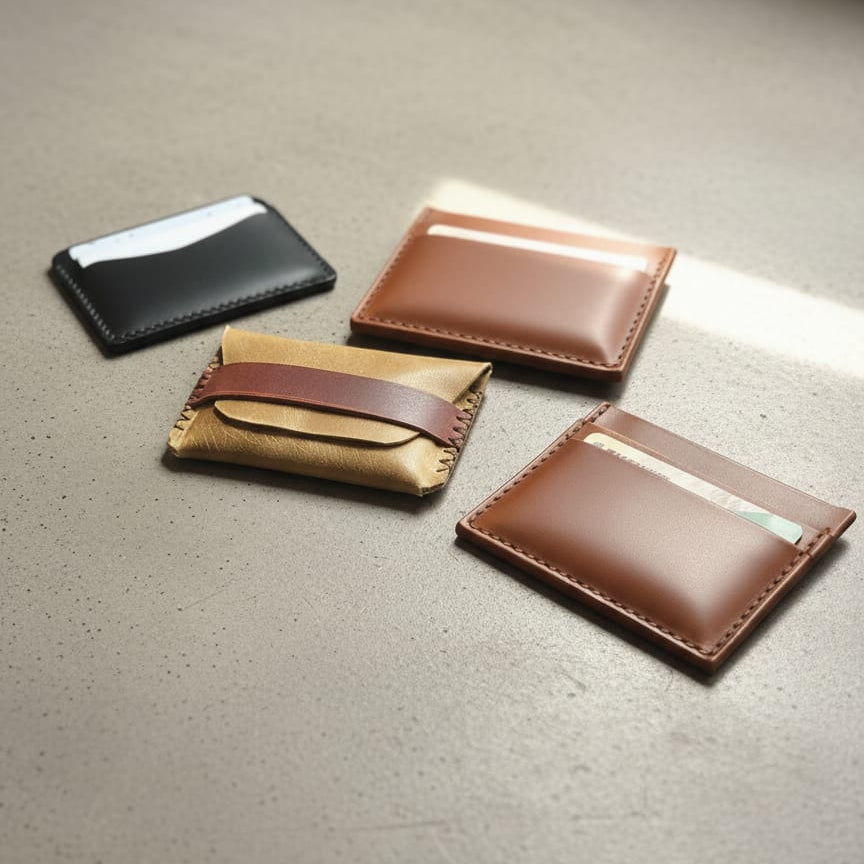 Four leather card holders in different colors on a textured surface