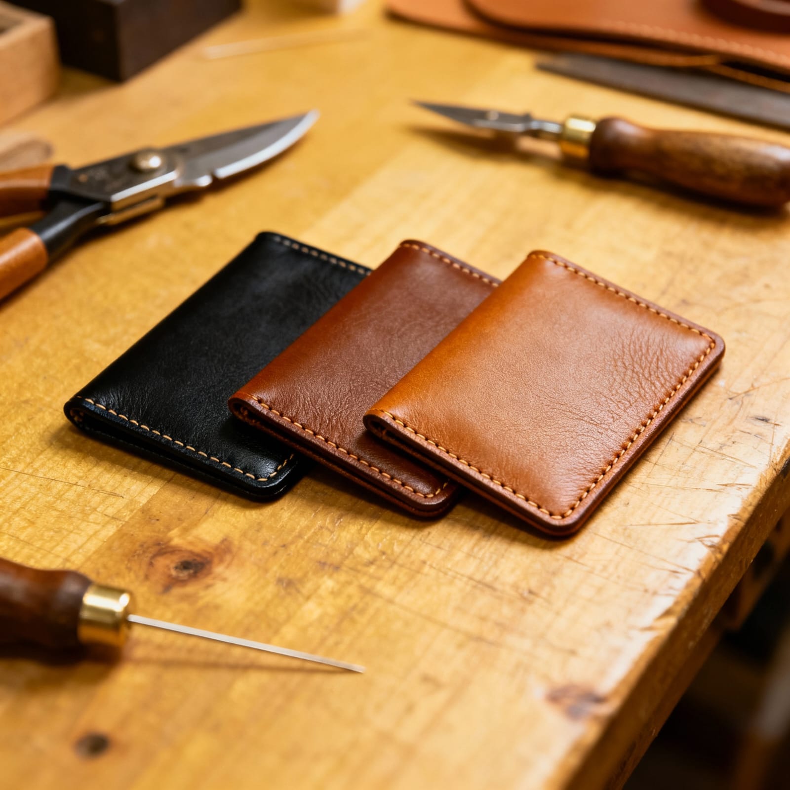 Three leather wallets in black, brown, and tan on a wooden surface with tools.